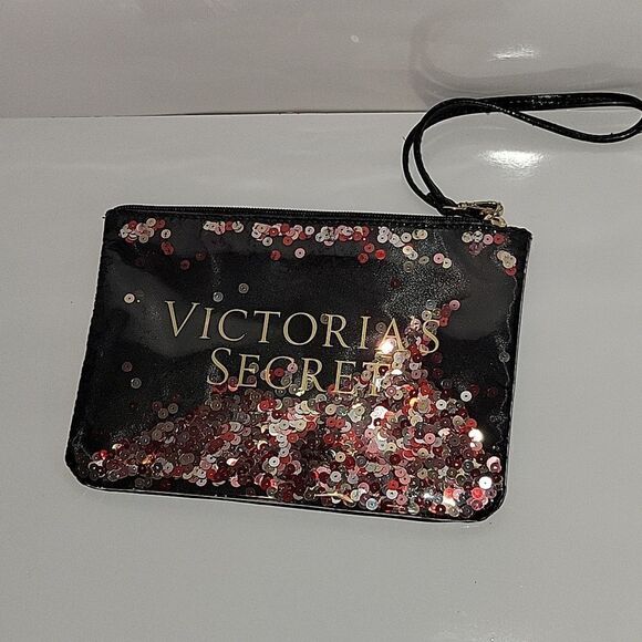 Victoria's Secret Zippered Sequin Bling Confetti Wristlet Make-up Bag Black - Picture 1 of 4